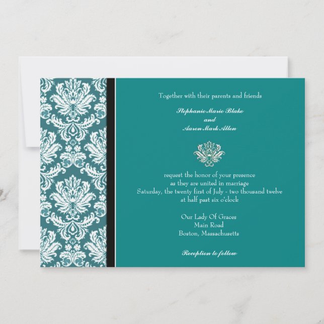 Convite para Casamento tema damasco Clássico Teal (Frente)