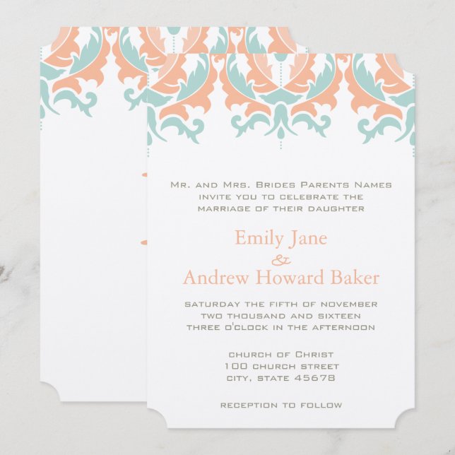 Convite para Casamento tema damasco de Pêssego Min (Frente/Verso)