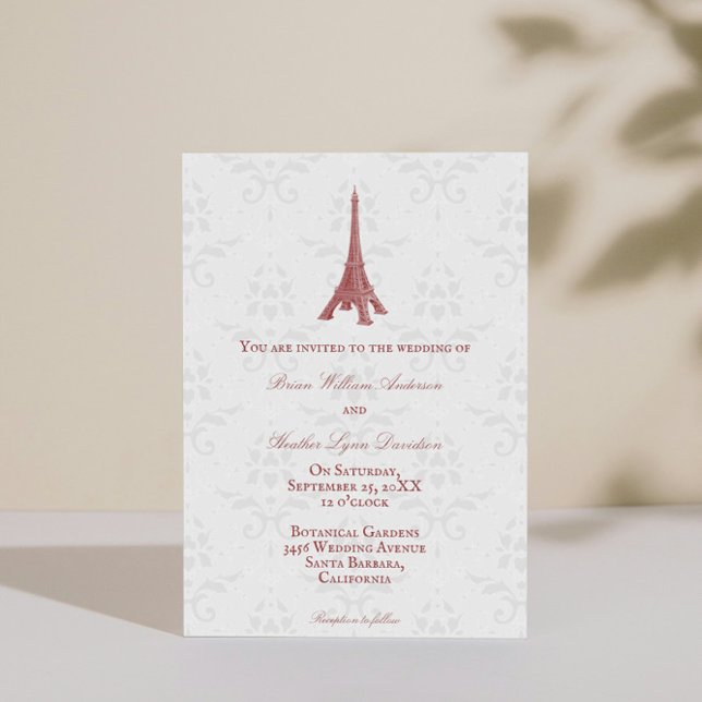 Convite para Casamento tema damasco de Torre Eiffe (Red Eiffel Tower Damask Wedding Invitation)