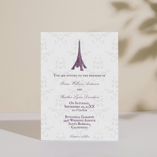 Convite para Casamento tema damasco de torre Magen (Magenta Eiffel Tower Damask Wedding Invitation)