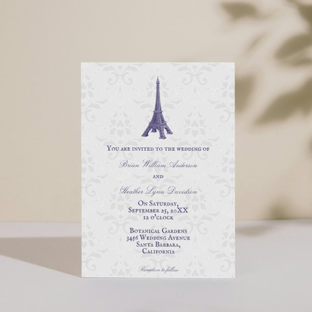 Convite para Casamento tema damasco em Torre Eiffe (Purple Eiffel Tower Damask Wedding Invitation)