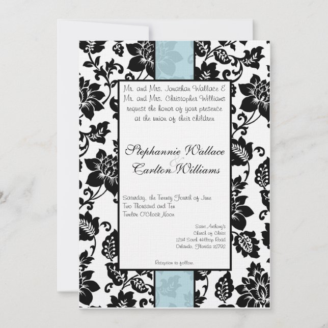 Convite para Casamento tema damasco Floral Preto/A (Frente)