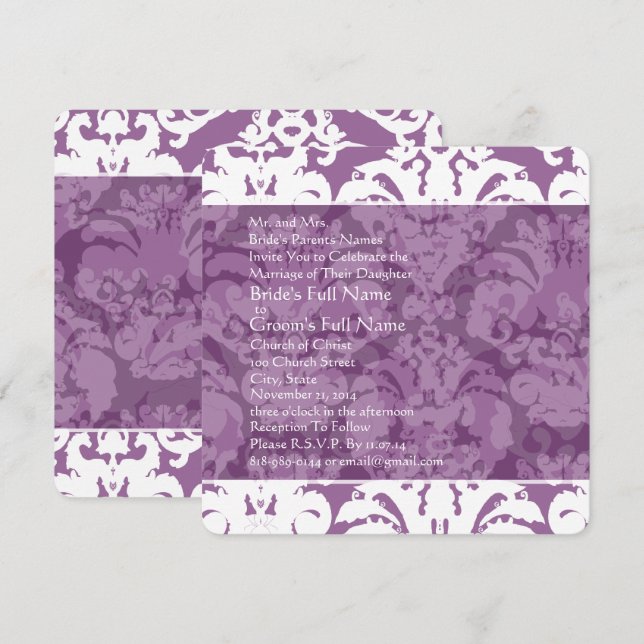 Convite para Casamento tema damasco Lilac lavanda (Frente/Verso)