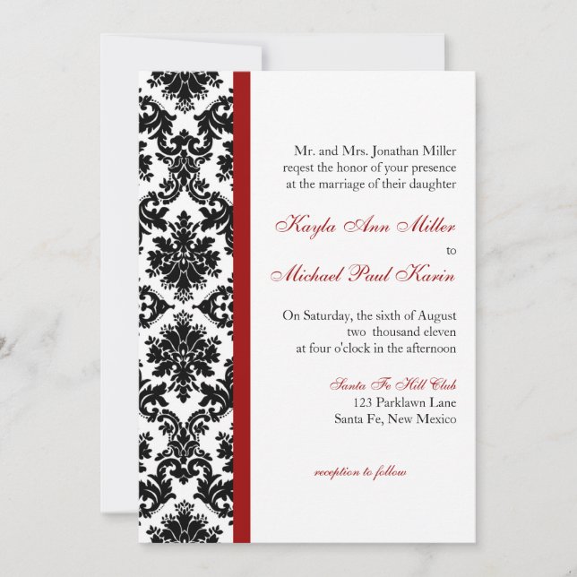 Convite para Casamento tema damasco Preto (Frente)