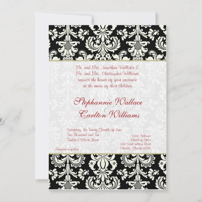 Convite para Casamento tema damasco Preto/Branco (Frente)