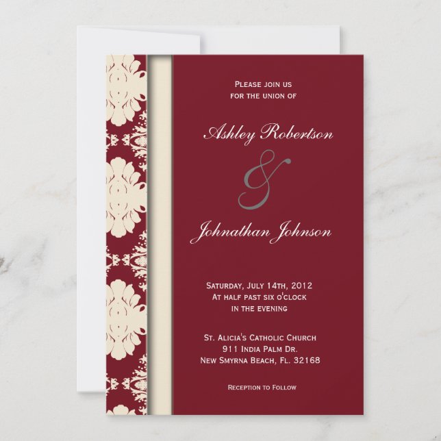 Convite para casamento tema damasco Red Vintage (Frente)