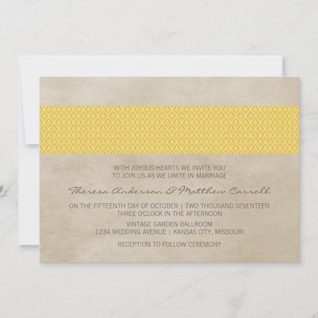 Convite para Casamento tema damasco Russo Amarelo (Frente)