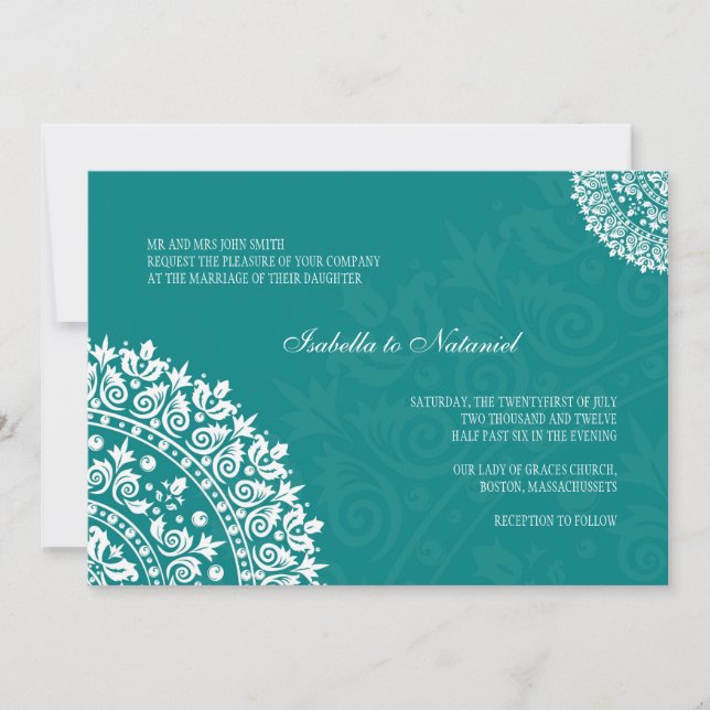 Convite para Casamento tema damasco Teal (Frente)