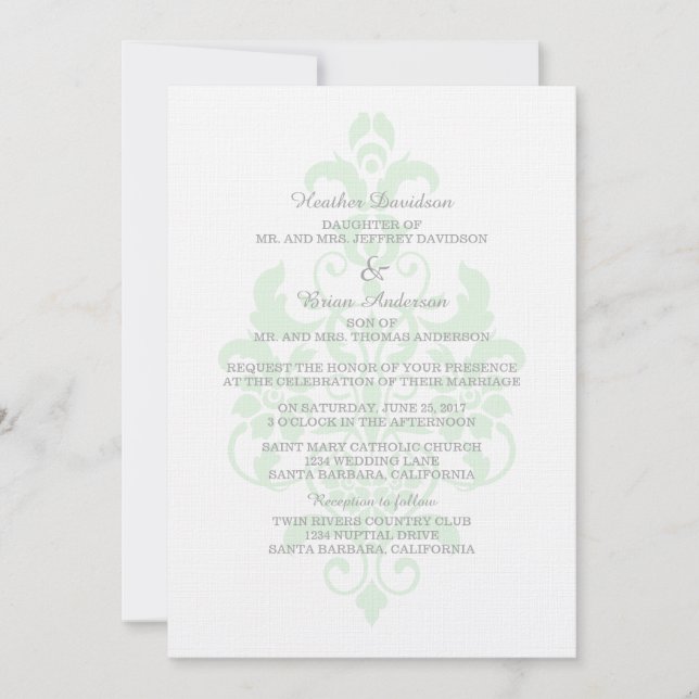 Convite para Casamento tema damasco Verde (Frente)