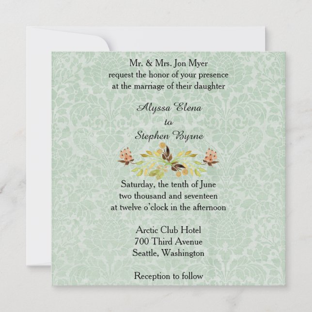 Convite para Casamento tema damasco Verde da Casa  (Frente)