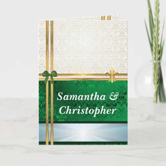 Convite para casamento tema damasco verde e creme (Frente)