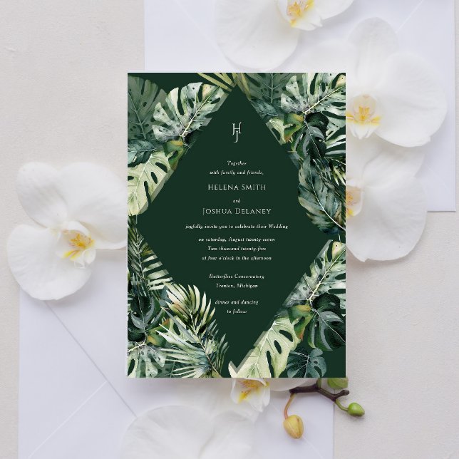 Convite para Casamento Tropical, Botânica Moody (Tropical wedding invitation modern - Emerald green)