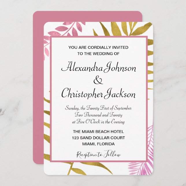 Convite para Casamento Tropical de rosa Dourado e  (Frente/Verso)