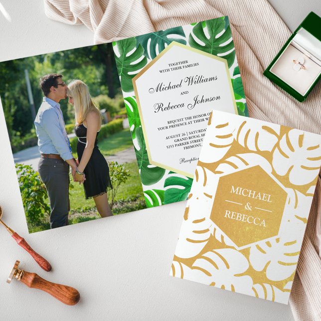 Convite Para Casamento Tropical Gold Foil Monstera (Criador carregado)