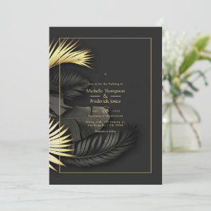Convite para Casamento Tropical Preto e Dourado