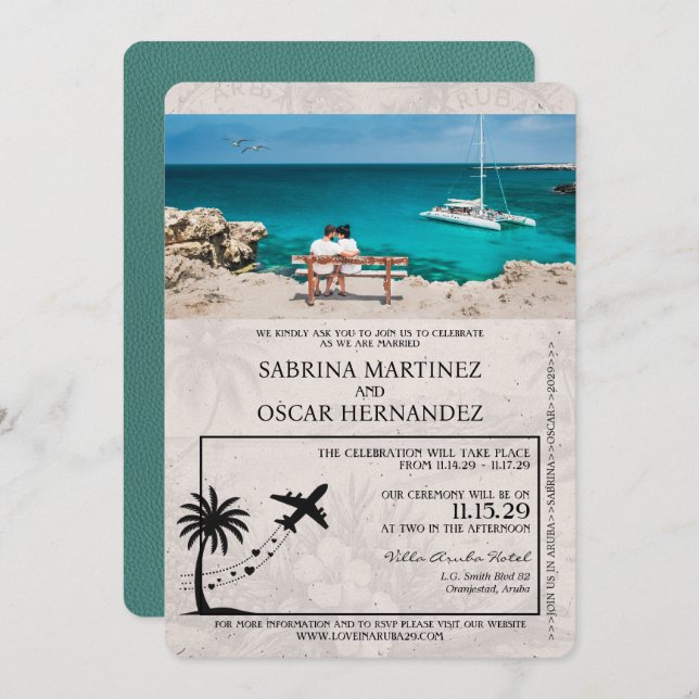 Convite Para Casamento Turquoise Aruba Passaporte (Frente/Verso)