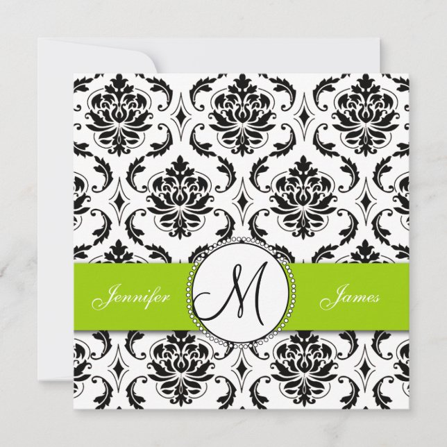 Convite para Casamento Verde Black Damask (Frente)