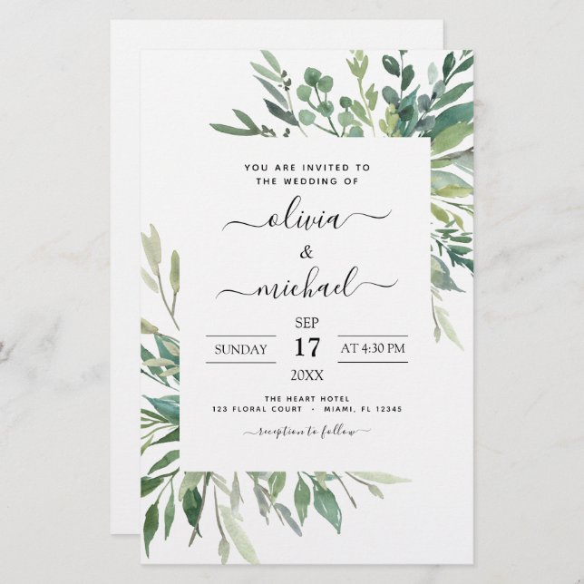 Convite para Casamento Verde Botânico (Frente/Verso)