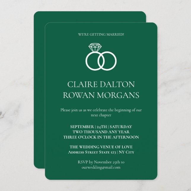 Convite para Casamento Verde de Anéis Simples (Frente/Verso)