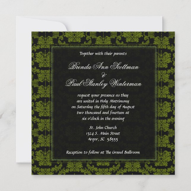 Convite para Casamento Verde de Damask Quadrado (Frente)