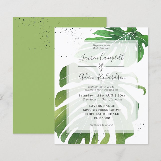 Convite para Casamento Verde de Folhagem Tropical  (Frente/Verso)