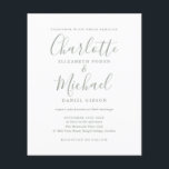 Convite para Casamento Verde de Sábio Orçamental<br><div class="desc">Apresentando nomes de estilo de assinatura,  este elegante convite de casamento verde de sábado pode ser personalizado com suas informações em caracteres quânticos. Projetado por Thisnotme©</div>