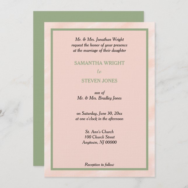 Convite para Casamento Verde de Sage em Água Blush (Frente/Verso)