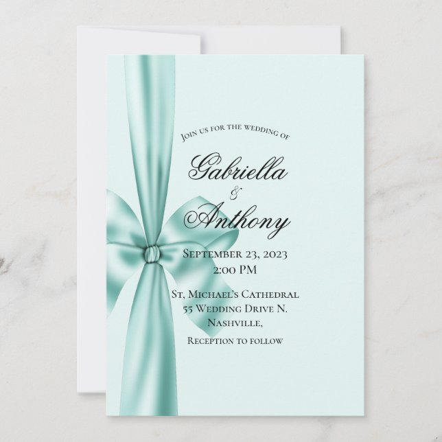 Convite para Casamento Verde de Satin Ribbon (Frente)