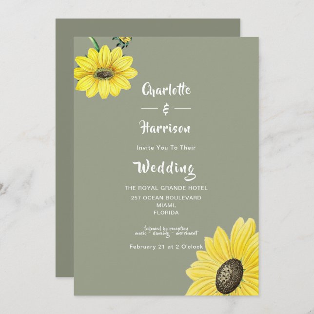 Convite para Casamento Verde de Sunflower Elegante (Frente/Verso)