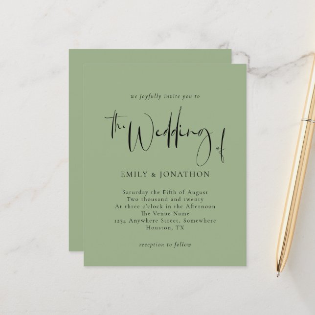 Convite para Casamento Verde do Script de Orçament (Frente/Verso In Situ)