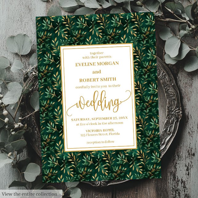 Convite para Casamento Verde Dourado Moderno Emera (Modern Emerald Gold Greenery Wedding Invitation)