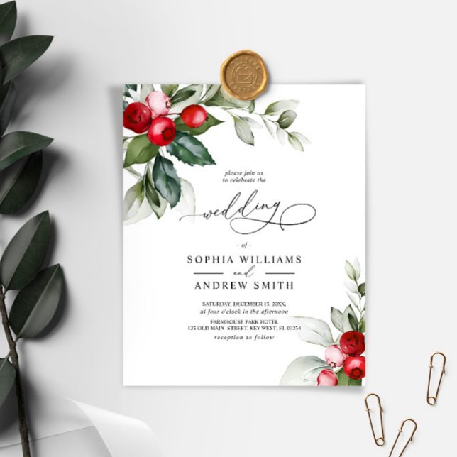 Convite para Casamento Verde e Berry de Natal no O (Christmas Wedding Invitation)