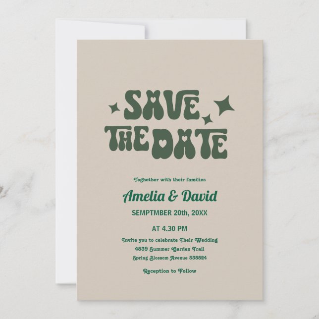convite para casamento verde retro-moderno (Frente)