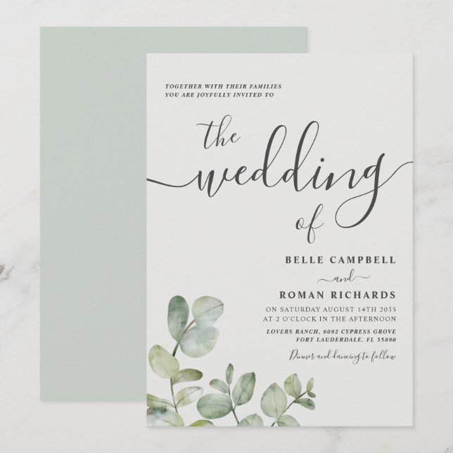 Convite para Casamento Verde Rustic Eucalyptus Sag (Frente/Verso)
