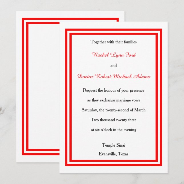 Convite para Casamento Vermelho Duplo - 5x7x7 (Frente/Verso)