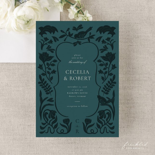 Convite para Casamento Vintage Art Deco (Floral Art Deco Dark Turquoise Wedding Invitation)