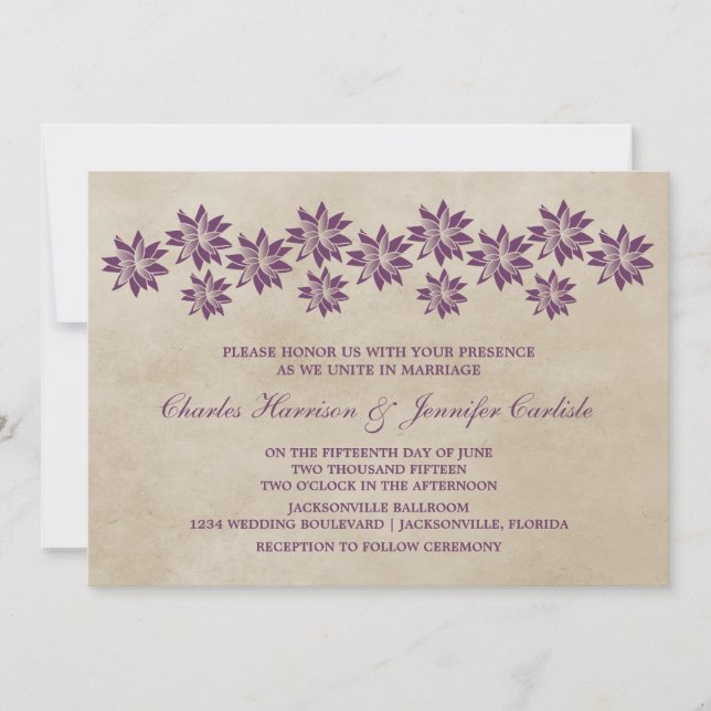 Convite para Casamento vintage Floral Roxo (Frente)