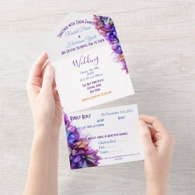 Convite para Casamento Violeta Abstrato Roxo Moder (Aba destacável)