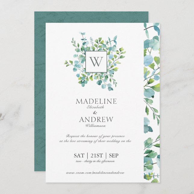 Convite para Casamento Virtual Eucalyptus Monogram (Frente/Verso)