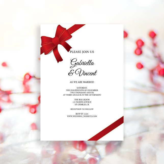 Convite para Casamentos no inverno de Arcos vermel (Invite guests to your wintery marriage with the festive Red Bows Winter Wedding Invitation.)