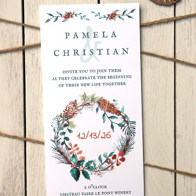Convite para Casamentos no inverno Rustic Green &  (Winter Pinecones, Eucalyptus Leaves, Pine Needle Wreath Wedding Invitation, Unique Vertical Design)