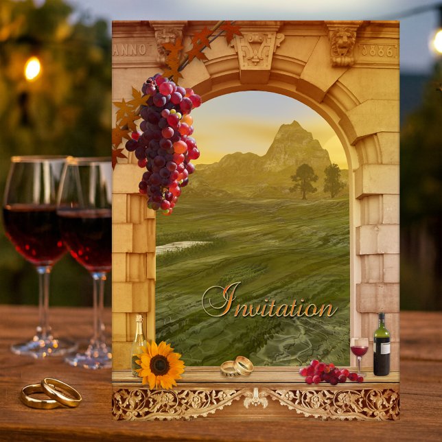 Convite para Casamentos outono de vinheta (Italian vineyard wedding invitation with a Roman arch, grapes and wine)