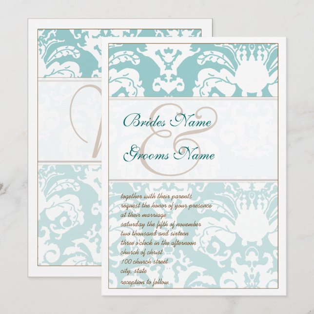 Convite para Casamentos tema damasco Azul e Castan (Frente/Verso)