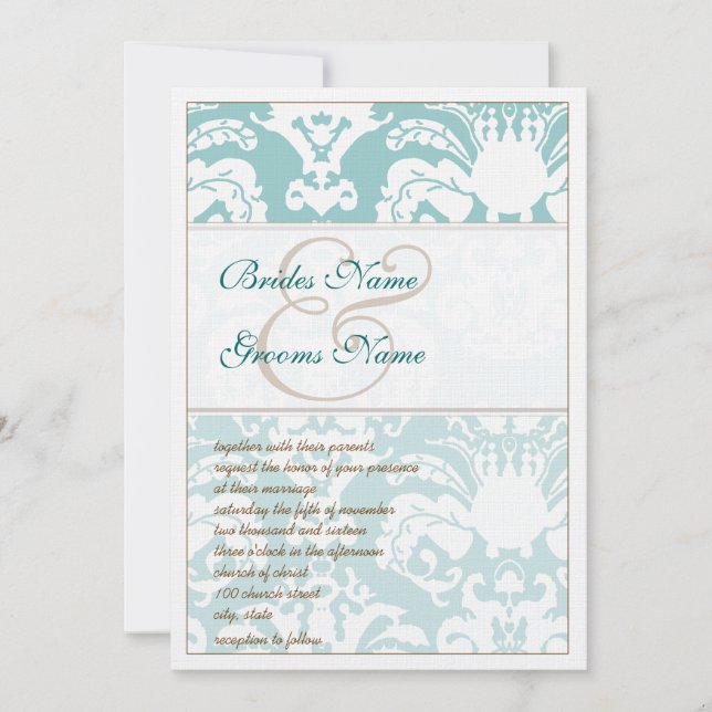Convite para Casamentos tema damasco Azul e Castan (Frente)
