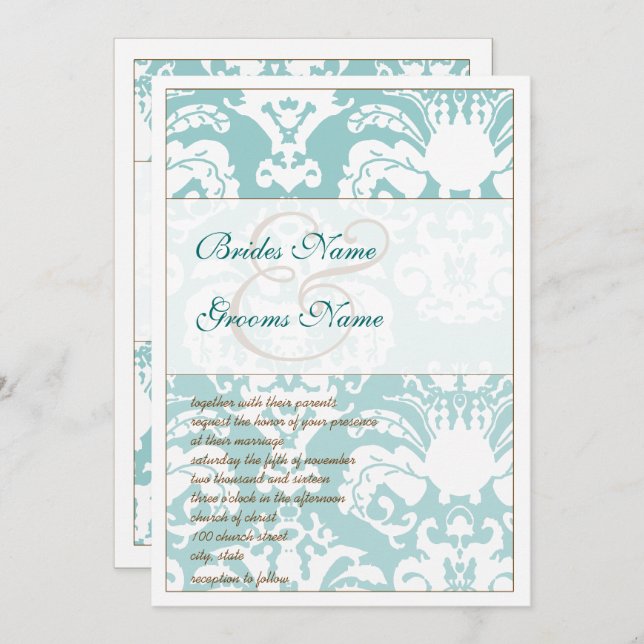 Convite para Casamentos tema damasco Azul e Castan (Frente/Verso)