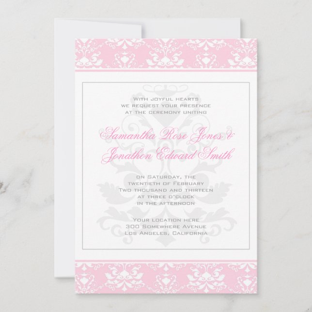 Convite para Casamentos tema damasco de cor rosa p (Frente)