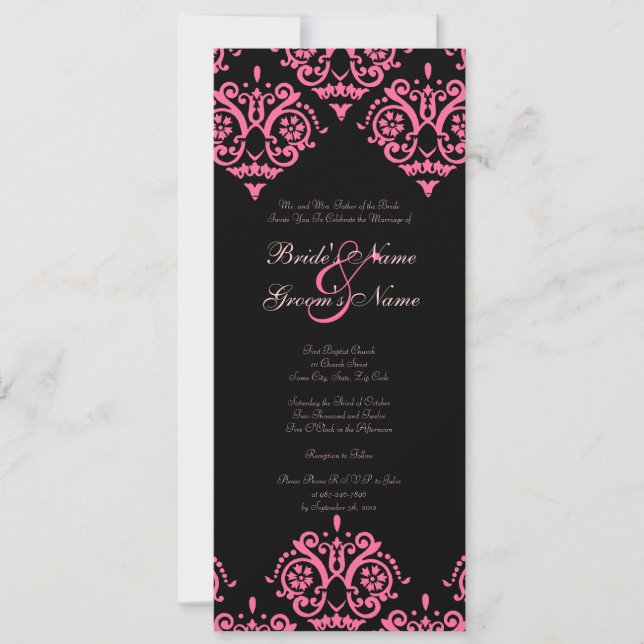 Convite para Casamentos tema damasco rosa e preto (Frente)