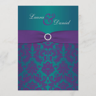 Convite para Casamentos tema damasco Roxo e Teal