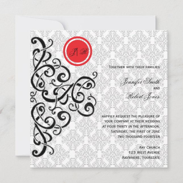 Convite para Casamentos tema damasco Vermelho e Pr (Frente)