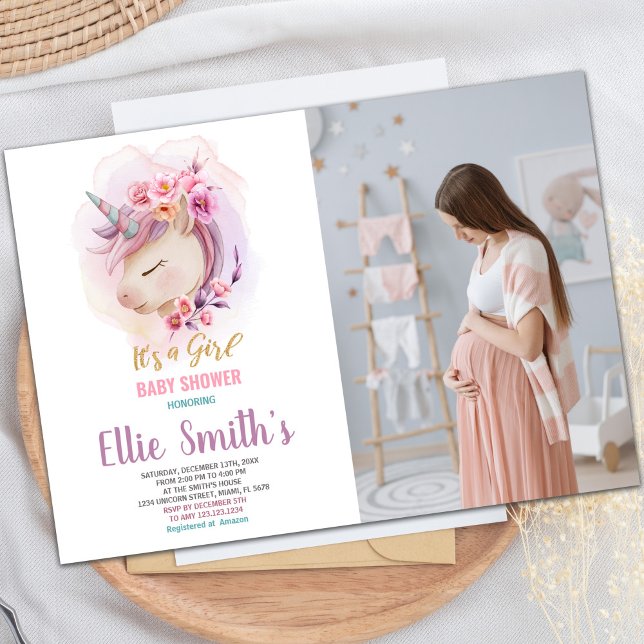 Convite para Celebração de Bebês Mágico Personaliz (Floral Unicorn Baby Shower Invitations with photo)
